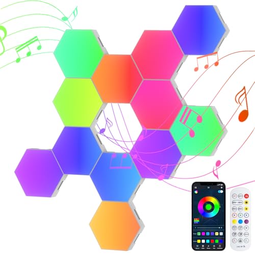 12 Stück LED Sechseck Hexagon Panel Gaming Wandleuchte, RGB Hexagon LED Panels, Musik-Sync & App Steuerung, Kreative WandDeko, Smart Wandbeleuchtung für Gamer Zimmer, Gaming Beleuchtung & Zimmer Deko