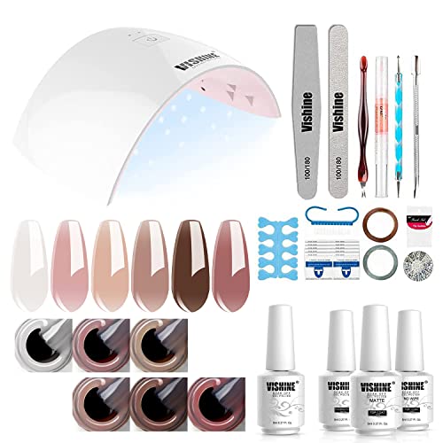 Vishine Nagellack Set Starterset mit Lampe 36W UV Lampe für Gelnägel Starterset 6 Farben Nudefarben UV Nagellack Set Herbst Winter Gellack UV LED Nagellampe Set UV GelNagellack Set #055