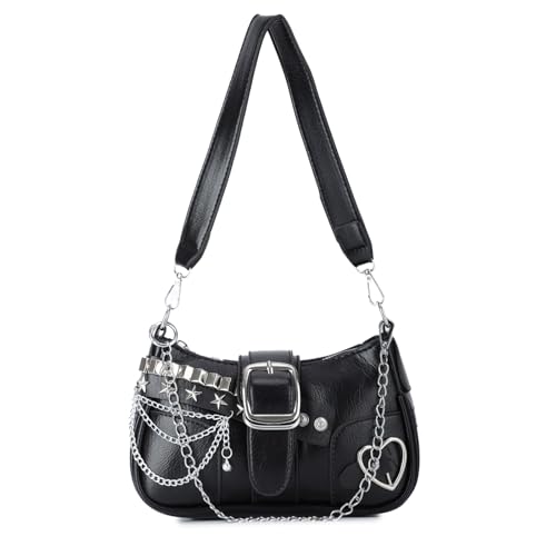 Jywmsc Damen Y2K Geldbörse Punk Goth Handtasche Niedliche Herz-Nieten-Umhängetasche Vintage Schwarze Satteltasche