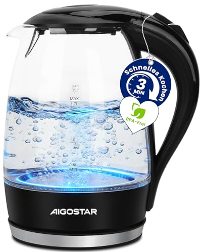 Aigostar Adam - Wasserkocher Glas 1,7 Liter, 2200 Watt, LED-Beleuchtung, 100% BPA Frei, Verdicktes Borosilikatglas Wasserkocher mit Kalkfilter, 360° Edelstahl Sockel, Trockenaufschutz, Schwarz