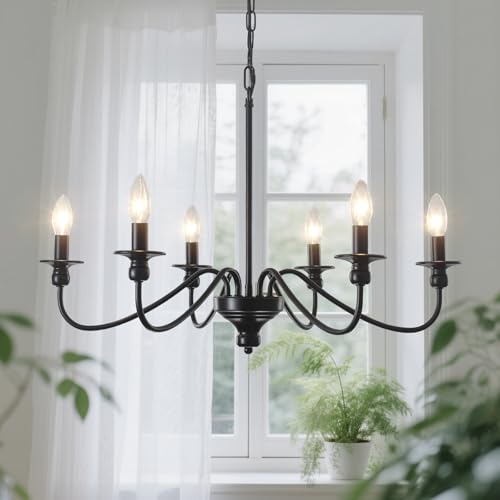Kronleuchter Schwarz, 6 Flammig Klassisch Kerze Vintage Pendelleuchte Esstisch mit E14 Fassung, Modern Kronleuchter Hängelampe Wohnzimmer Hängend Lampe für Schlafzimmer Küche Flur, Höhenverstellung