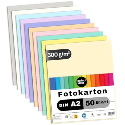 perfect ideaz - 50 Blatt Fotokarton DIN-A2, 10 Farben, stabiler recycling Karton 300 g/m², Made in Germany, Blauer Engel zertifiziert