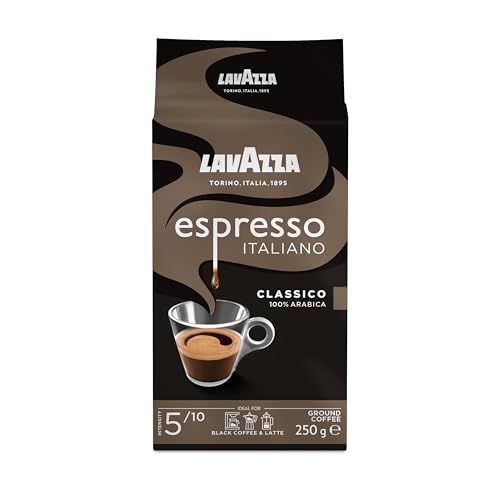 Lavazza, Espresso Italiano Classico, Gemahlener Kaffee, mit Blumigen und Fruchtigen Aromanoten, Ideal für Mokka-Kannen oder Filterkaffee, 100% Arabica, Intensität 5, Mittlere Röstung, 250 g Packung