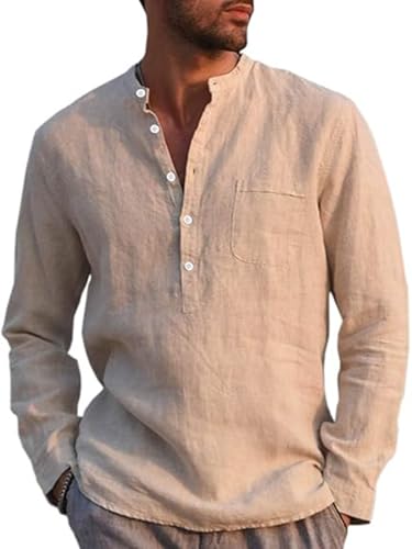 Runcati Herren Leinenhemd Langarm Baumwolle Leinen Shirt Männer Freizeithemd Regular Fit Strand Sommerhemd Beige XL