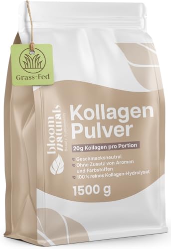 Grassgefüttertes Collagen Pulver 1500g (1,5 KG) - Hochdosiert & Geschmacksneutral Kollagen Hydrolysat Pulver, Peptid Typ 1 & 3 - Kollagen Peptide - Abgefüllt und getestet in Deutschland