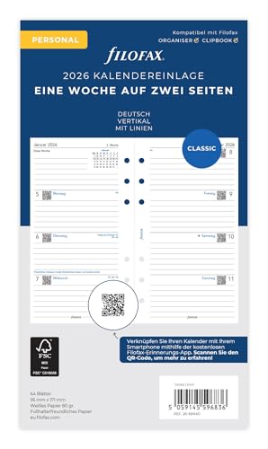 Filofax Kalender Personal 1 Woche auf 2 Seiten vertikal (deutsch)2026