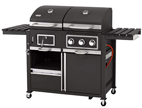 tepro Gas Kohle Kombigrill Toronto, Grillwagen mit Holzkohle- und Gasgrill-Modus, 3 Brenner mit je ca. 2,9 kW Leistung, Piezozündung, Thermometer, Maße ca. 173 x 65 x 116,5 cm, Schwarz