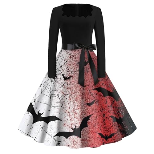 Kleid Halloween Damen Slim Fit Vampire Winter Halloween Kostüm Damen Gothic Drucke Gespenst Cocktailkleid A-Linie Blutflecken Dress Horror Klassisch 2# S