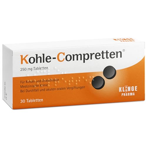 Kohle-Compretten 250 mg – Aktiv-Kohletabletten gegen Durchfall & orale Vergiftungen – natürliche Soforthilfe für Reiseapotheke & unterwegs – für Kinder & Schwangere geeignet, 30 Stück