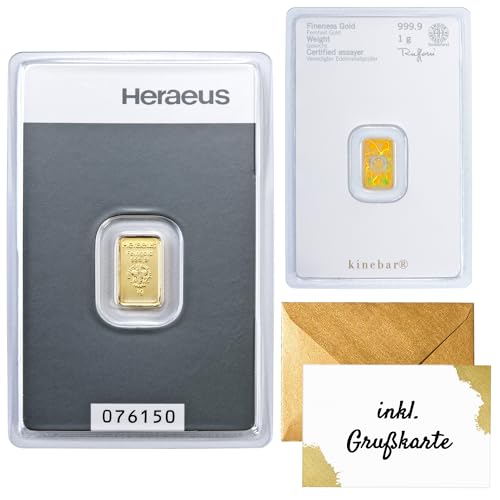 Gold zum Verschenken – Goldbarren 1g Heraeus - Kinebar - inkl. Geschenkverpackung, Grußkarte und Echtheitsgarantie