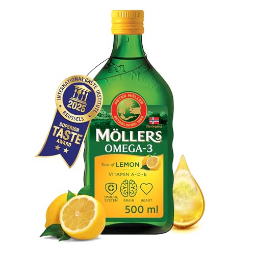 Möller's Omega 3 Lebertran Öl | Nordic Omega 3 Nahrungsergänzung mit EPA, DHA, Vitamin A, D, E | Superior Taste Award | Hochreiner natürlicher | 165 Jahre alte Marke | Zitrone | 500 ML