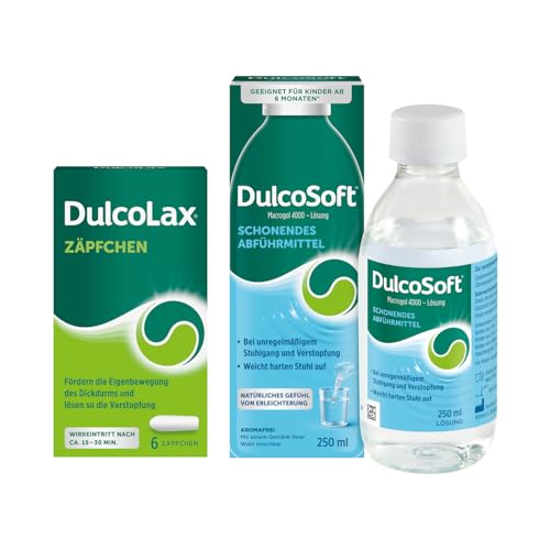 DulcoLax Zäpfchen 6 Stk + DulcoSoft Lösung 250ml Vorteilspack bei Verstopfung und hartem Stuhlgang | Abführmittel | Zäpfchen befreien schnell als Akuthilfe | DulcoSoft lindert schonend harten Stuhl