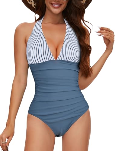 Badeanzug Damen Bauchweg mit Cups Shape Push Up Badekleid, Badeanzüge Sexy Monokini V-Ausschnitt Swimsuits for Women, Bademode Shapewear Frauen große größe High Waist Schlankheits Raffung Einteilige