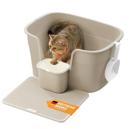 Feandrea Katzenklo, extragroße Katzentoilette, für Mehrkatzenhaushalte, mit hohen Seitenwänden, Katzenstreumatte, Aufbewahrungsbox, Schaufel, für große Katzen, cappuccinobeige PPT003K01