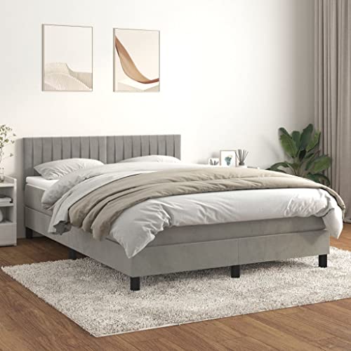 HUAKEHOM Boxspringbett Bett mit Matratze Kopfteil Polsterbett Schlafzimmerbett Bettgestell Lattenrost Hellgrau 140x200 cm Samt