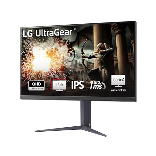 LG, 32 Zoll, Ultragear™ QHD Gaming IPS-Monitor, 32GS75QX-B.AEU, 2560 x 1440, 16:9, 1ms GtG, 180 Hz, HDR10, 400 cd/m² Helligkeit (typ.), NVIDIA G-Sync™ Compatible, AMD FreeSync™ - Grau