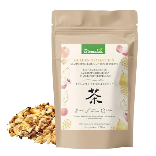 Biomatea Golden Osmanthus, Tee-Atelier Kollektion – Grand Cru Früchtetee lose (80g) – Exklusive Teemischung mit Osmanthusblüten, Litschi & Birne – Gourmet Qualität