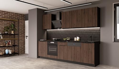 Küche Monza Basic 280 cm Küchenzeile Küchenblock Einbauküche Nussbaum Okapi matt + Schwarz matt