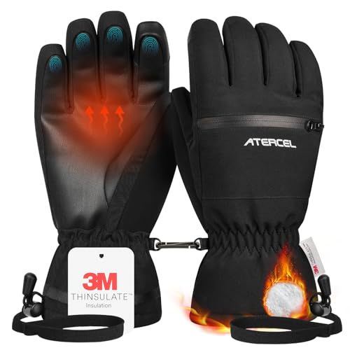 ATERCEL Skihandschuhe 3M Thinsulate Wasserdicht Touchscreen Warme Winter Snowboardhandschuhe für Herren und Damen (Schwarz, M)