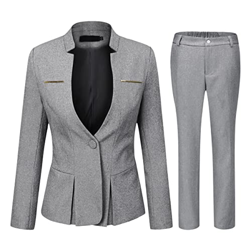 YYNUDA Anzug Set Damen Blazer mit Rock/Hose Slim Fit Hosenanzug Elegant Business Outfit für Office Hellgrau+Hose M