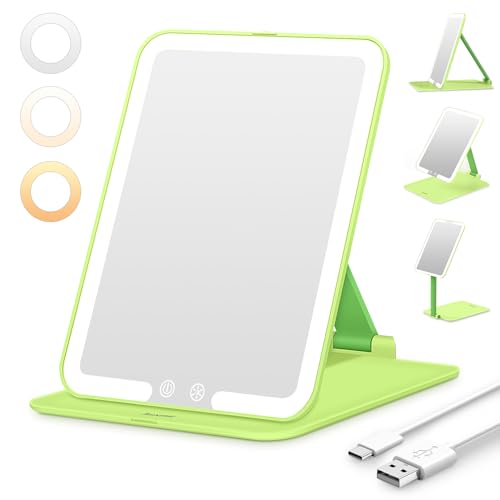 Auxmir Kosmetikspiegel mit Beleuchtung, Ultra Dünn Schminkspiegel mit 3 Lichtfarben, LED Spiegel mit Beleuchtung, USB Wiederaufladbar Tischspiegel Reisespiegel für Schminktisch, Reise, Grün