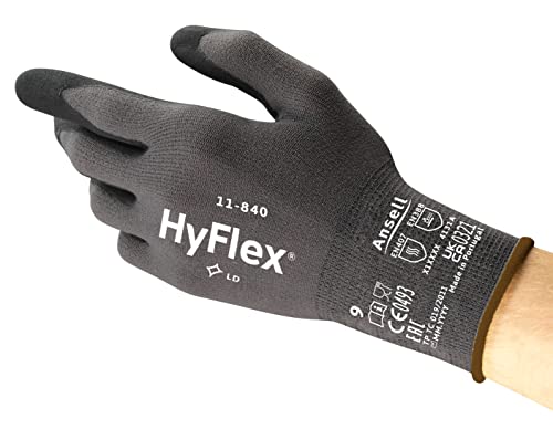 Ansell HyFlex 11-840 Professionelle Arbeitshandschuhe, Rutschfeste Nitril-Beschichtung, Industrie-Schutzhandschuhe für Mechanik, Werkstatt und Montage, Waschbare, Schwarz, Größe L (5 Paar)