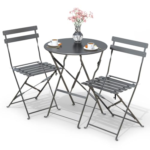 VOUNOT Bistroset 3-teilig, Klappbar Bistrotisch mit 2 Stühlen, Gartenmöbel Set Balkonset Gartengarnitur, Sitzgruppe Metall, Bistro Set Outdoor, Grau