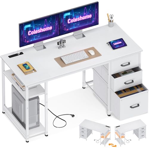 Coleshome Schreibtisch mit Stoff 3 Schubladen, 130x48cm Computertisch mit 2 Steckdosen Und 2 USB Ladeanschluss, PC Tisch mit Regal Reversible Bürotisch für Büro, Wohnzimmer, Weiß