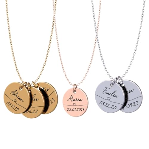 Personalisierte Halskette mit Gravur | Plättchen mit Namen & Geburtsdaten der Kinder | Geschenk Mama | Gold, Silber, Roségold | Edelstahl Wasserfest | Made in Germany