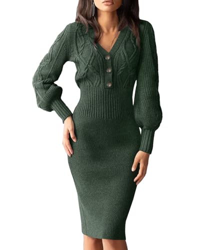 Cicy Bell Damen Pulloverkleid V-Ausschnitt Knielang Strickkleid mit Knopf Sexy Laterne Langarm Kleider Lang Winter Midikleid Dunkelgrün,S