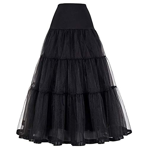 Linghe 50er Langer Petticoat gekräuselte Krinoline Vintage Hochzeit Braut Petticoat für Brautkleider Unterrock Rockabilly Tutu Rock (Schwarz, XL)