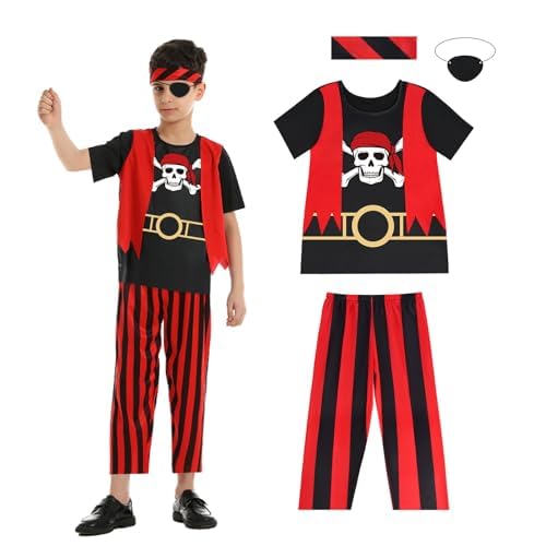 Aomig Piratenkostüm Kinder 4 Teiliges Verbessertes Modell Piraten Kostüm Zubehör Piratenkopftuch Pirat Augenklappe Piratentuch Piraten Männer Kinder Verkleidung Piratenset Halloween Karneval Cosplay M