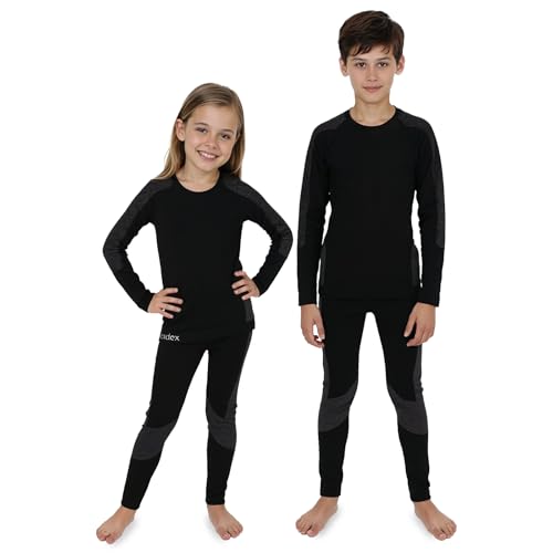 ALPIDEX Kinder Thermounterwäsche Set Funktionsunterwäsche Skiunterwäsche Jungen Mädchen Ski Fußball Sport Winter warm atmungsaktiv, Größe:122-128, Farbe:Black-Grey