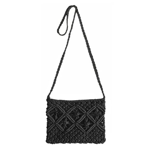 GWAWG Handgewebte Umhängetasche für Damen, Sommer, Strand, Stroh, Kuriertasche, Reißverschluss-Design, Mehrzweck-Tasche, Schwarz , 27 x 20 cm