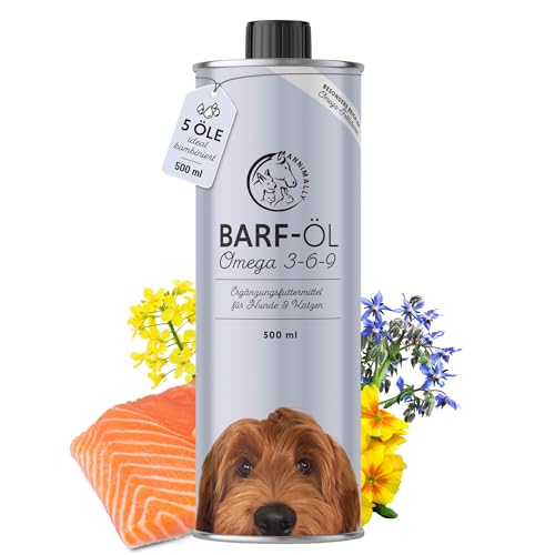 Barf Öl für Hunde 500ml Barföl mit Omega 3-6-9 aus: Lachsöl, Rapsöl, Hanfsamenöl & Borretschöl - Futteröl für Hund als Futter Topping (Barf Zusatz)