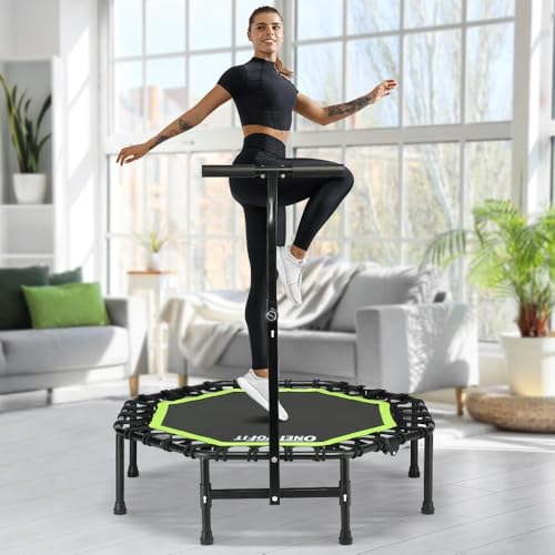 ONETWOFIT klappbares Trampolin für Erwachsene, 101/107/114/cm Mini Fitness Trampolin W/einstellbare Schaumstoffgriff Bungees, leise Übung Trampoline für persönliche Indoor (Green-107cm)