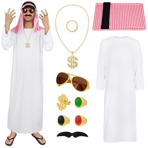 BSBUY Kostüm Arabischer Scheich Set 10PC Scheich Kostüm Herren mit Weiß Arabisches Gewand/Kariertes Kopftuch/Brille/Halsketten/Armbänder/Ringe/Bart Sheikh Araber Scheich Arabo Costume Verbesserter 2.0