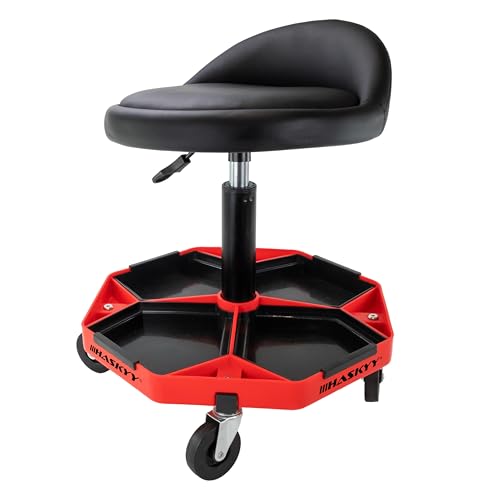 HASKYY Werkstatthocker mit Rückenlehne | Höhenverstellbar 43-58cm | Rollhocker bis 150kg belastbar | Werkstattsitz mit Ablagefächern | Praxis & Werkstatt Hocker mit 360° Rollen