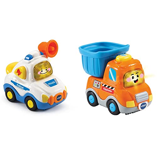 Vtech TUT TUT Baby Flitzer - Polizei – Spielzeugauto mit Musik, aufleuchtender Taste, spannenden Sätzen und Geräuschen & TUT TUT Baby Flitzer - Kipplaster – Spielzeugauto mit Musik