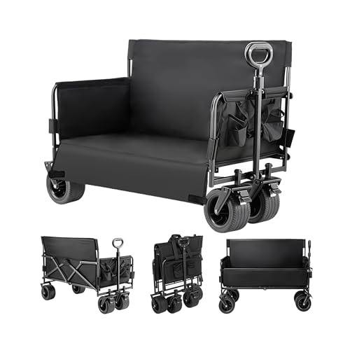 Veitoalioy Bollerwagen Strand Handwagen, Faltbar Gartenwagen, es kann auch zum Einkaufen die Sich an alle Gelände anpassen können, Camping, Angeln usw, Ausgestattet mit Tankrädern (LY008-BLACK-J)