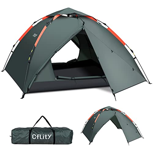 Cflity Camping Zelt, 3 Personen Instant Pop Up Wurfzelt Wasserdicht DREI Schicht Automatische Kuppelzelt, Große 4 Jahreszeiten Zelte mit Rain-Fly 2 Erweiterbare Veranda