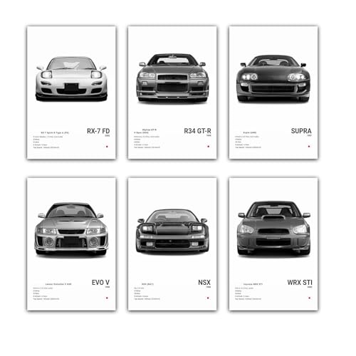 NebulaNova JDM Auto Poster Japanische Sportwagen Leinwanddrucke Klassisches Schwarz Weißes Wandkunst für Jungen Zuhause Schlafzimmer Büro Wohnheim Zimmerdekoration (6 Stück 20 x 30 cm Ungerahmt)