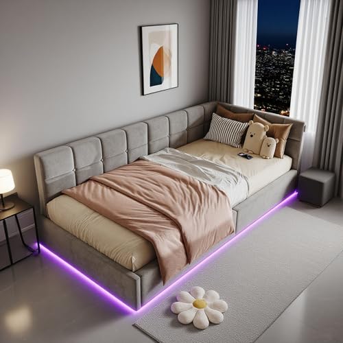 RXMORI Schlafsofa Kinderbett Bett 90x200 für Kinder, Polsterbett Einzelbett Betten mit Hydraulisch Stauraum, Tagesbett Jugendbett Bettgestell mit Lattenrost, ohne Matratze (Grau C, 90 X 200cm)