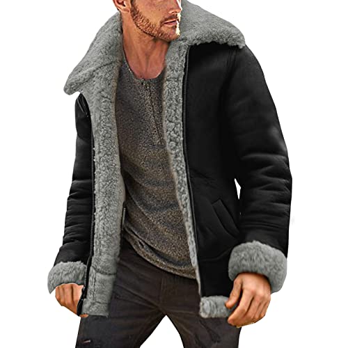 Wildleder Mantel Herren Gefüttert Wildlederjacke Lässige Lederjacke mit Taschen Männer Felljacke Cowboy Jacke Vintage Leder Fliegerjacke Retro Winterjacke Warm Teddy Fleecejacke 03 Grau L