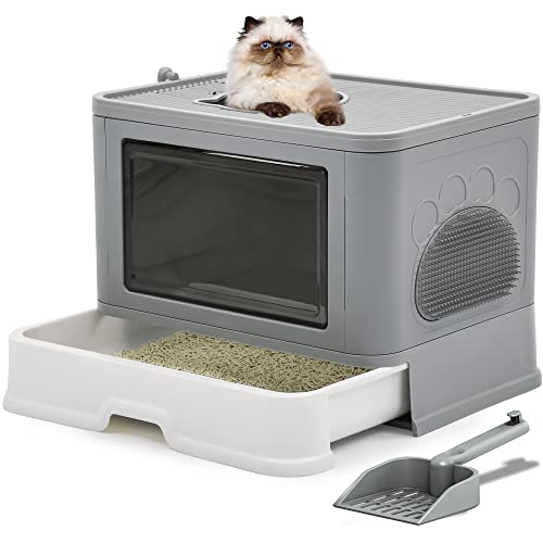 YITAHOME Katzenklo Groß, Katzentoilette mit Deckel, Geruchlose Hop In Toilette, inkl. Streuschaufel & Reinigung (Grau)