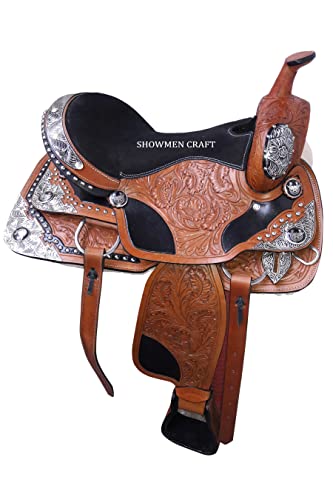 SHOWMEN CRAFT Westernsattel aus Leder mit silbernen Eckkanchos mit passendem Halfter und Brustkragen (30,5 cm)