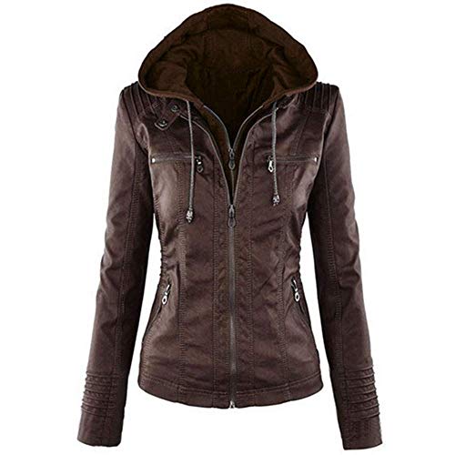 Newbestyle Damen Lederjacke mit Reißverschluss Kurzer Kapuzenmantel, dunkelbraun, 42