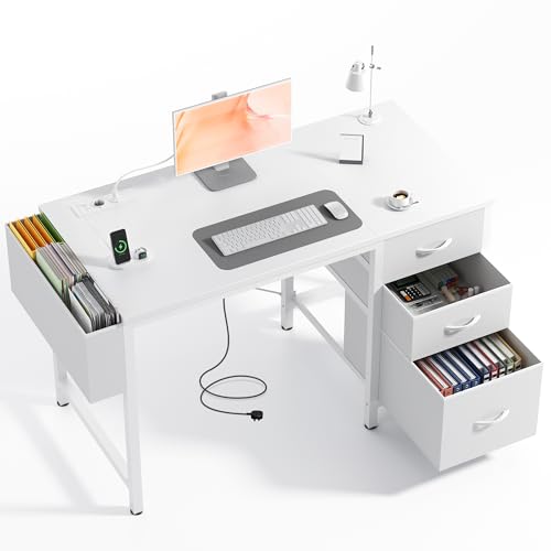 Claiks Kleiner Schreibtisch mit 3 Schubladen aus Stoff, 100x60 cm Computertisch mit 2 Steckdosen und USB-Anschlüssen, PC-Schreibtisch Bürotisch für Home Office,Weiß