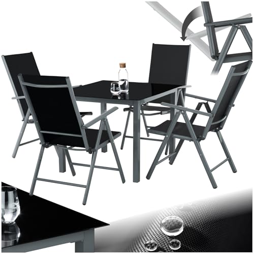 tectake® Gartenmöbel Set mit Tisch und 4 klappbaren Stühlen mit Verstellbarer Rückenlehne, Aluminium Gartenmöbel 4+1, Sicherheitsglas Tischplatte, Gartentisch mit Stühlen, wetterfest - anthrazit