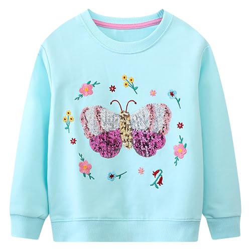 Baogaier Mädchen Pullover Langarmshirt Baumwolle Atmungsaktiv Casual Sweatshirt Herbst Winter Shirts Kleidung Warm Tops Kinder Kleidung, Blauer Schmetterling Pailletten, GR.92-98